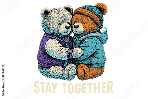 Cute bears embracing each other in warm clothing with a message of friendship during a cozy winter day