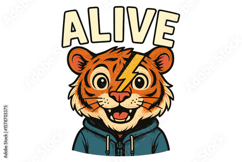 Cute cartoon tiger character in a hoodie with a lightning bolt, promoting a fun and lively vibe
