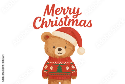 Cute bear in festive attire wishing everyone Merry Christmas in a cheerful winter setting