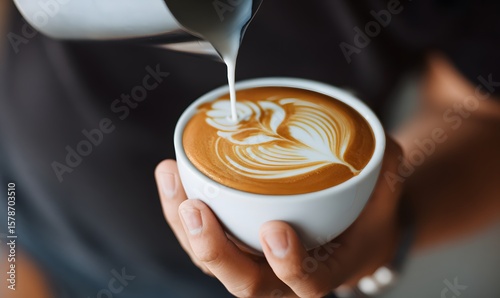 Close-up shot of a latte art being created, where a person with fair skin is pouring milk from a stainless steel pitcher into a white ceramic cup filled with espresso
