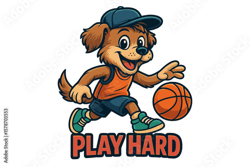 Playful dog character dribbling basketball with determination and energy on a sunny day