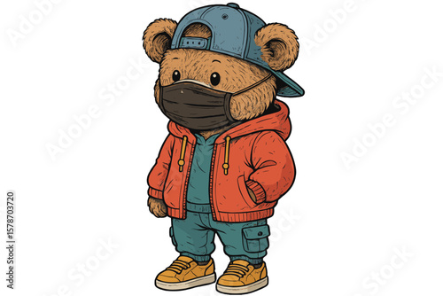 Cute bear character wearing a mask and cap stands confidently in stylish streetwear