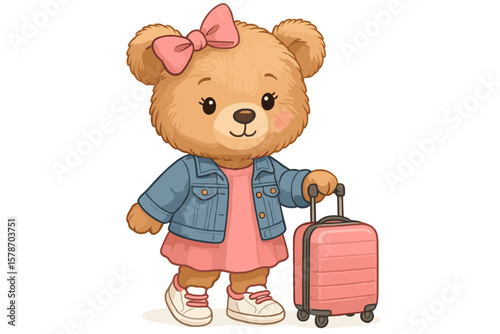 Cute bear character carrying a pink suitcase while wearing a stylish outfit in a playful setting