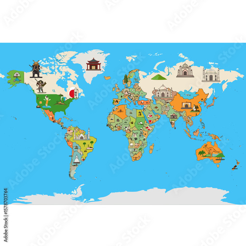 Discover the world with this creative, geographical map design featuring iconic landmarks and cultural elements across continents.
