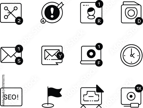Collection of modern black and white icons representing digital notifications and services