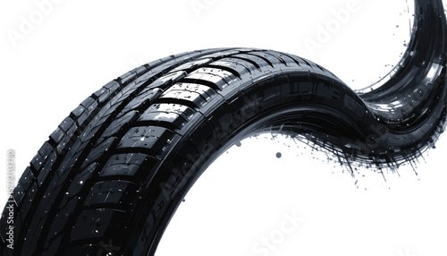 High-quality image of a flexible, modern black tire with a wet surface, displayed in a white, dramatic setting