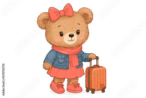 Cute bear character dressed for travel with suitcase ready for adventure