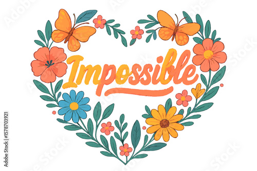 Colorful heart-shaped illustration featuring the word Impossible surrounded by flowers and butterflies in a vibrant design
