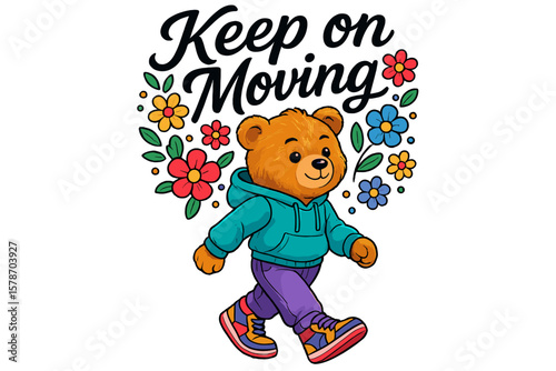 Cute bear character in a hoodie walks cheerfully among colorful flowers, promoting a message of motivation and resilience