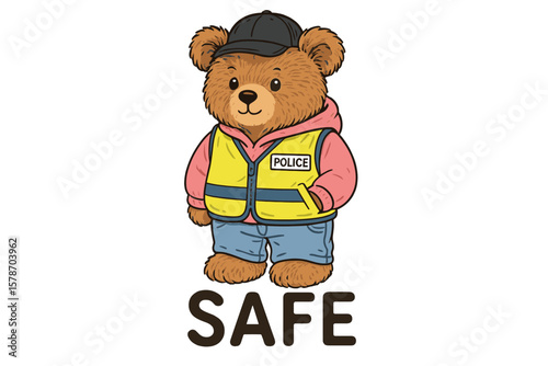 Cute bear character in safety vest promoting safety awareness for children in a playful, friendly manner in a vibrant illustration