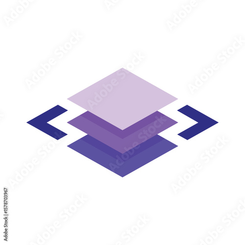The image shows a logo design of three stacked square shapes in purple color between two comparison operators for coding related purposes 