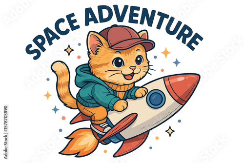 Cute cat in hoodie riding a rocket for a space adventure with vibrant colors and cheerful design