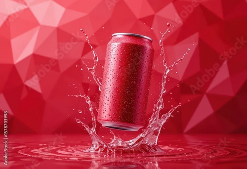  Energetic red soda can mockup hovering, accentuated by sharp water droplets and a vibrant polygonal strawberry red backdrop.