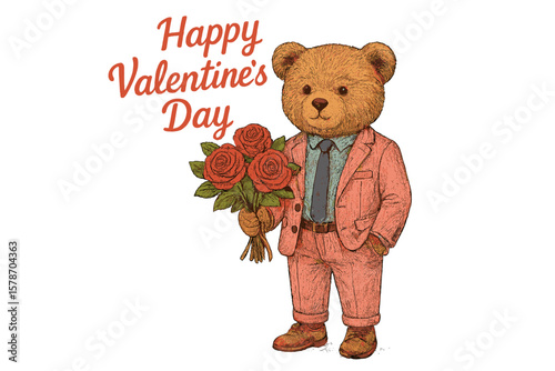Cute bear dressed in suit holding roses to celebrate Valentine's Day in an artistic illustration