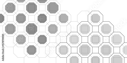 Modern seamless vector background, futuristic tiling design for digital art, technology, architecture, and minimal decor. Abstract geometric hexagon and octagon pattern with gradient shades gray art. 