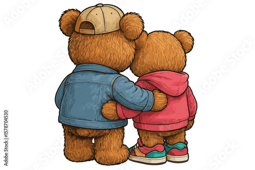 Two cartoon bears in casual outfits enjoying a moment together in a colorful and playful setting