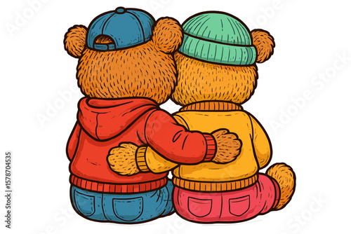 Two cartoon bears embracing each other while sitting together in casual attire on a cozy afternoon