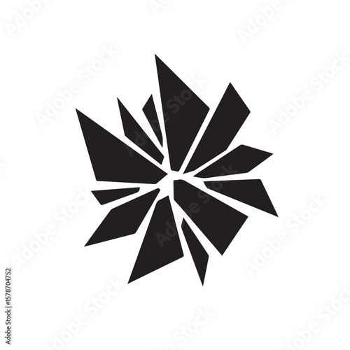 Abstract black geometric shards exploding outwards on a white background