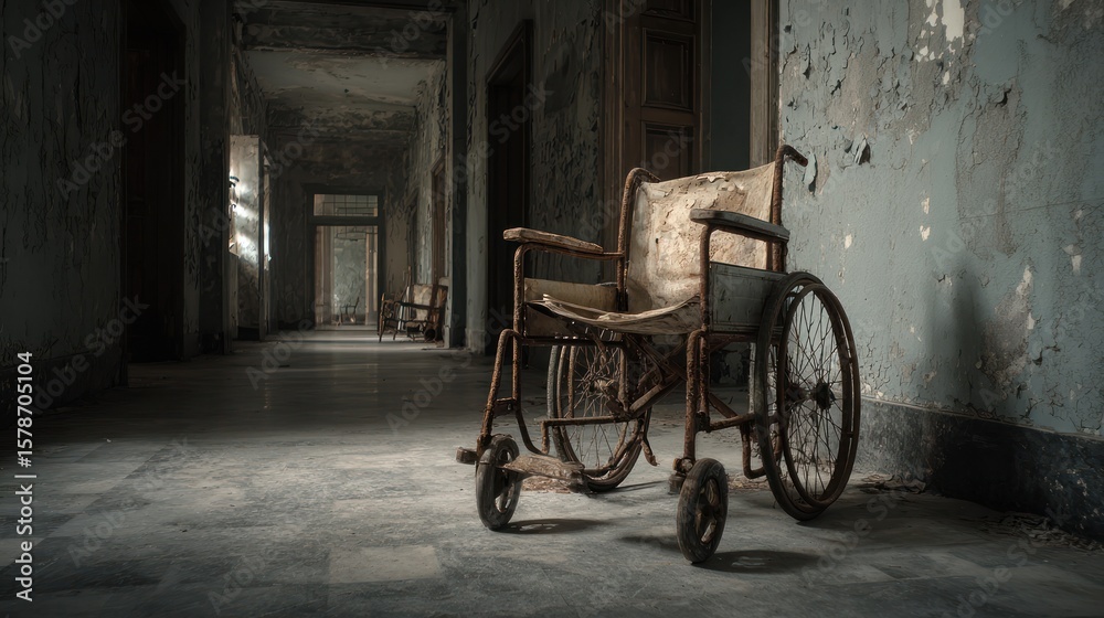 Fototapeta premium Abandoned wheelchair in a decaying hospital hallway