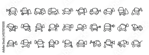 Cement mixer truck line icon set. Vector pictograms of concrete mixer, construction vehicle, heavy truck, industrial transport, thin linear illustrations.