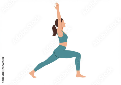 Woman performing warrior i yoga pose with arms raised in a teal outfit