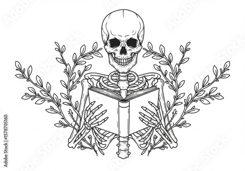 Skeleton reading a book surrounded by decorative branches and leaves