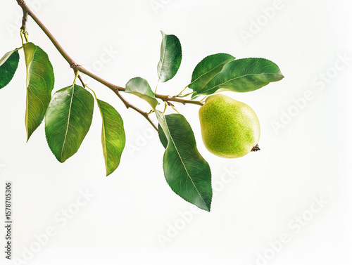 Wallpaper Mural A single green pear hanging from a branch with leaves against a white background in a studio shot Torontodigital.ca