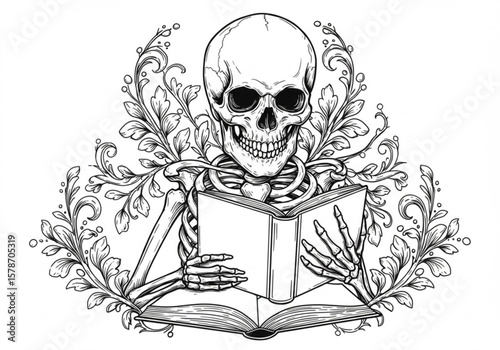 Skeleton reading a book surrounded by ornate floral design elements