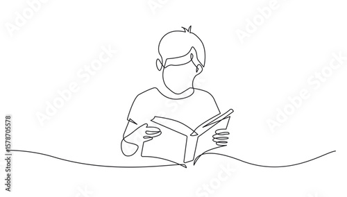Boy Reading a Book One Line Vector Illustration. Continuous Single Line Drawing of Reading Child Student. Read Library Education Concept Hand Drawn Contour Silhouette Outline Style
