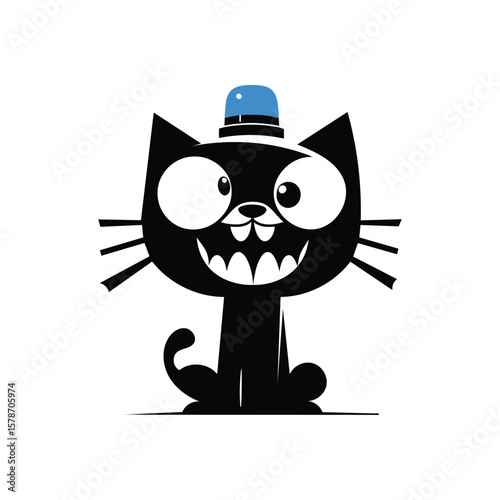 Funny police cat cartoon character with a blue siren light. A crazy smiling black kitty mascot for a security service or a humorous brand logo