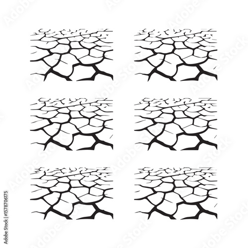 Six black and white cracked earth patterns arranged in two columns and three rows