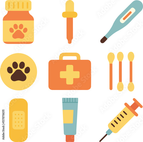 A minimalist flat vector grid showing pet health and first aid items like pill bottle, dropper, and bandages. Perfect for veterinary, pet wellness, and medical design purposes