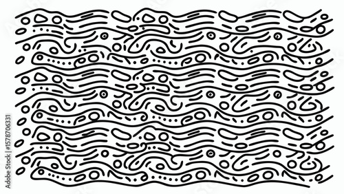 Black and white doodle pattern with wavy lines and scattered circles and dots in an abstract design