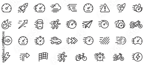 Speed & Acceleration Line Icons Pack – Unique Outline Symbols of Fast Motion, Velocity, Racing, and Rapid Movement for UI, Automotive, Sports, and Performance Design Projects
