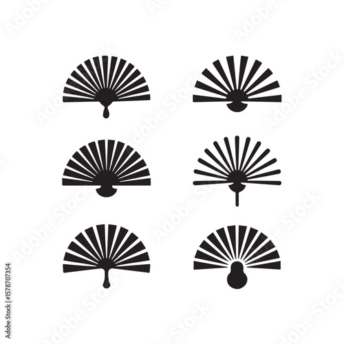 Collection of six black silhouette traditional folding fans on a white background