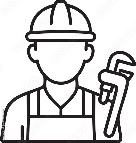 Line art of a plumber with wrench and helmet, representing plumbing services and home maintenance, ideal for service advertising.