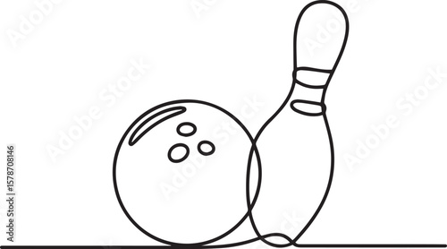 one line drawing of bowling ball with spiral pattern rolling toward five pins in continuous line style