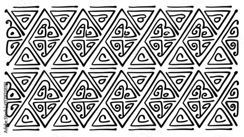 Black and white geometric pattern with triangular and diamond shapes and spiral motifs repeated