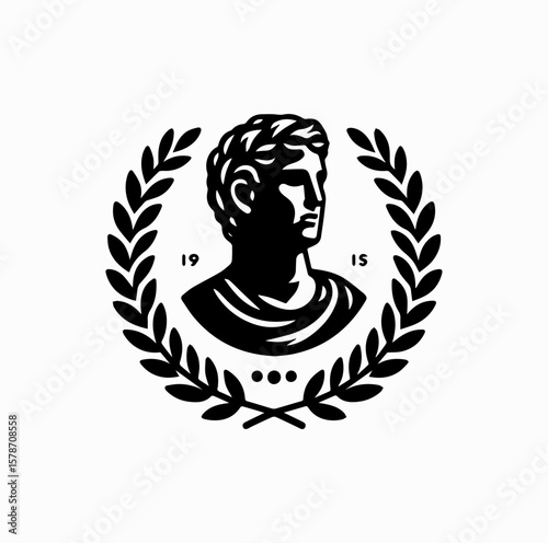 Minimalist Black Vector Logo of Roman Emperor Bust with Laurel Wreath Isolated on White Background