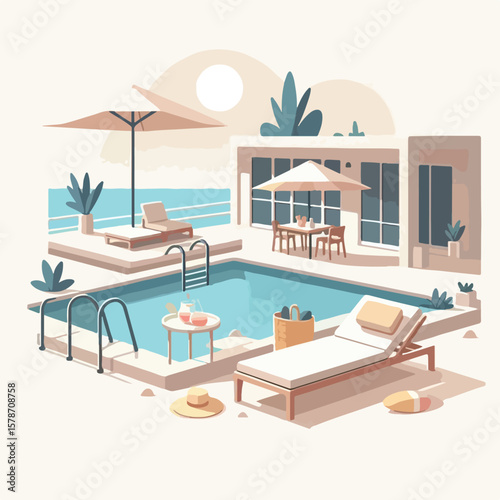 image of sunbathing by the pool with a simple and minimalist flat design using a white background