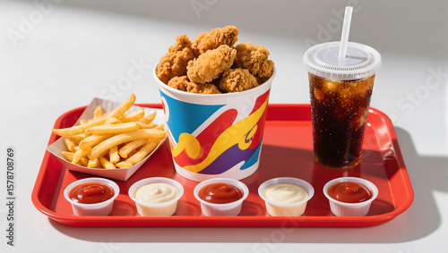 Flat lay of fried chicken family meal combo: bucket, fries, soda, sauces, on red fast food tray, vibrant colors, modern fast food packaging layout