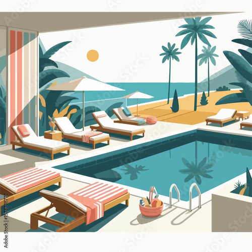 image of sunbathing by the pool with a simple and minimalist flat design using a white background