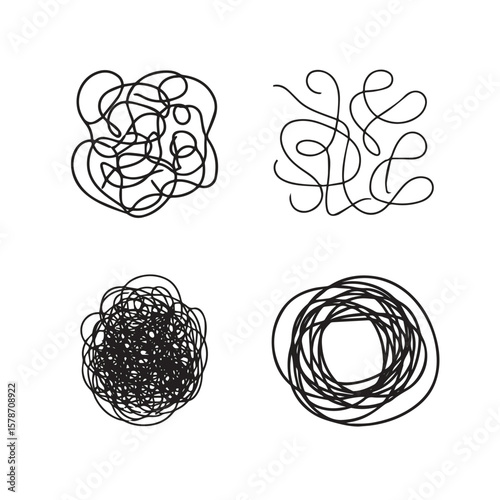 Four abstract black ink scribbles and tangled lines on a white background