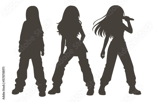 Set silhouette illustrations of kpop idols singing and dancing on stage. Flat vector kpop music star. Modern group dancers with various different styles, poses and choreography. Korean pop cultures.