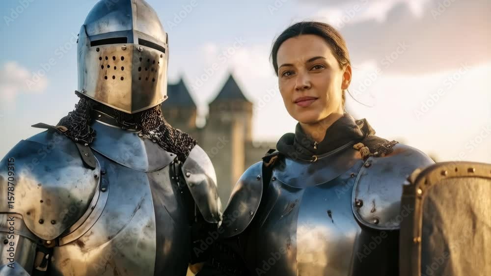 Two medieval warriors posing near ancient castle in plate armor and chainmail at sunset, looking at camera Two medieval warriors posing near ancient castle in plate armor and chainmail at sunset, looking at camera