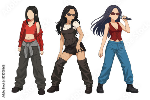Set vector illustrations of woman kpop idols singing and dancing on stage. Flat vector kpop girlband. Female dancers with various different styles, poses and choreography. Korean pop star cultures.