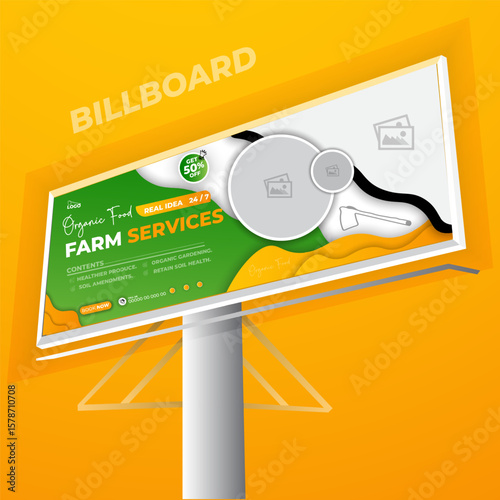 Agriculture billboard design and agriculture or farming services web social media post lawn gardening template design. Horizontal layout with space for photo. Green and yellow elements.