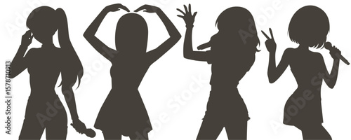 Set silhouette illustrations of kpop idols singing and dancing on stage. Flat vector kpop music star. Modern group dancers with various different styles, poses and choreography. Korean pop cultures.