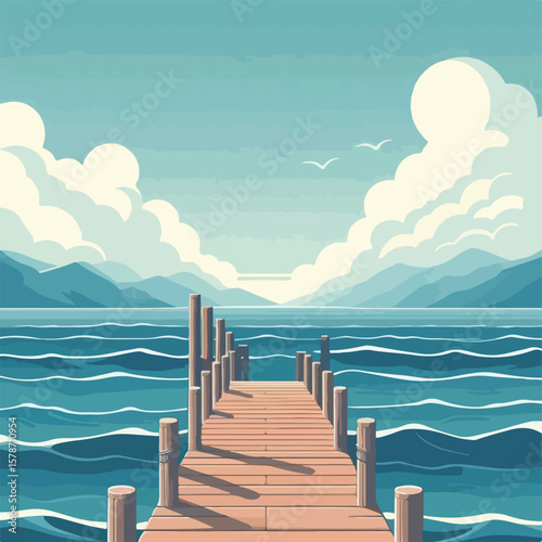 image of a wooden pier on the seashore with a simple and minimalist flat design using a white background