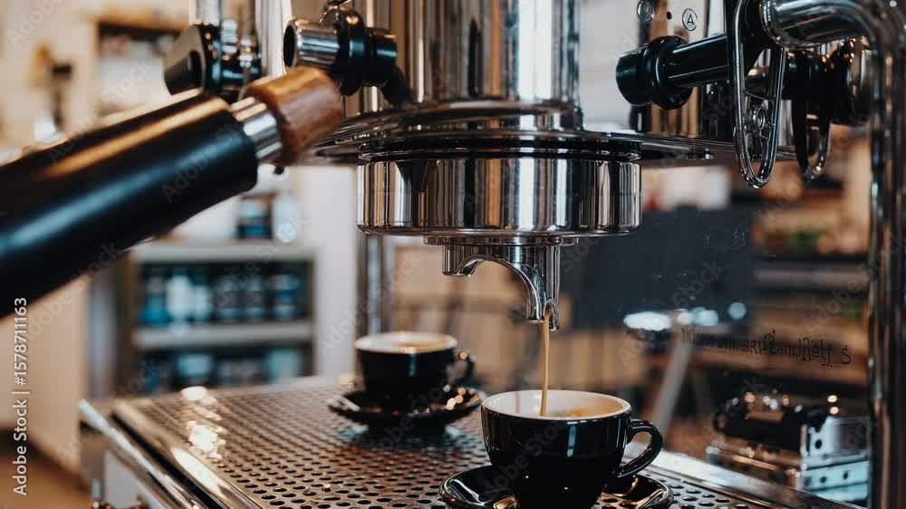 Espresso machine brewing fresh coffee sequence in cafe setting